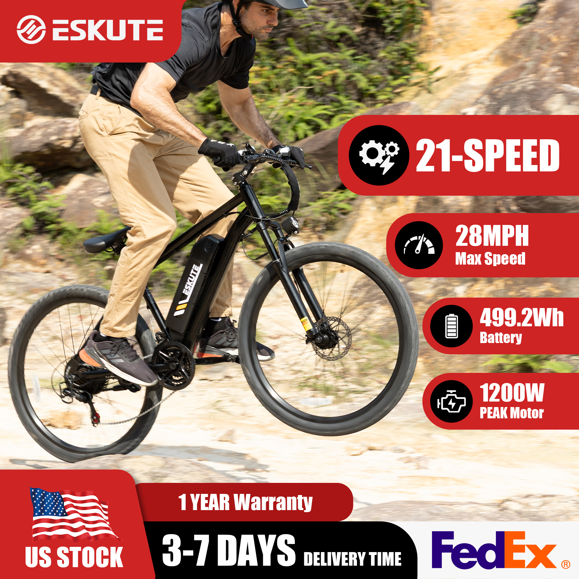 Cycling Gears - ESKUTE M200 Electric Bicycle – 21-Speed